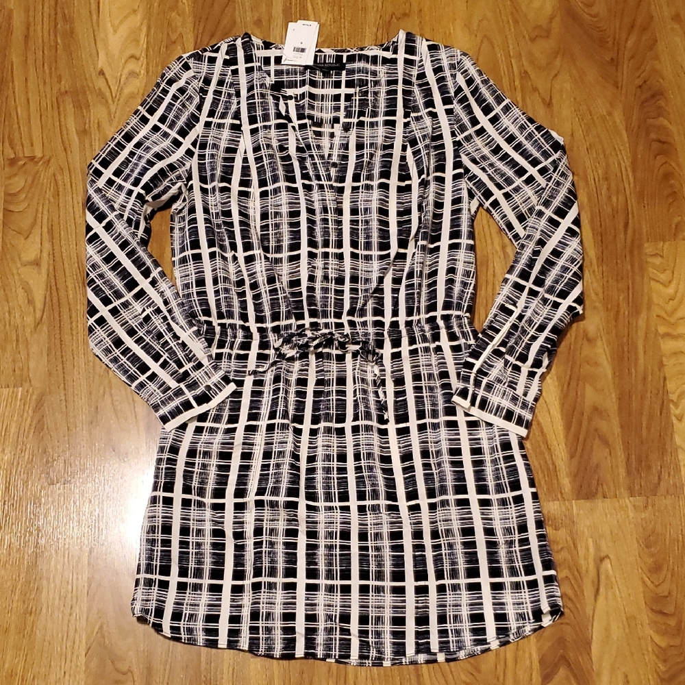 Banana Republic Plaid Print Shirt Dress Black White Long Sleeve NWT Womens 6